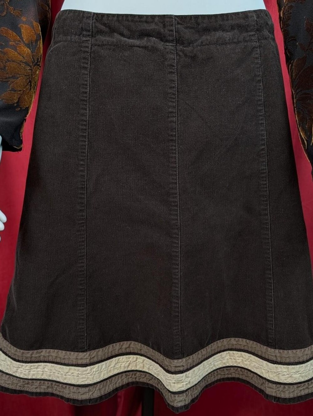 Boden Chocolate Brown & Cream 100% Cotton Corduroy Ribbon Stripe Hem Midi Skirt